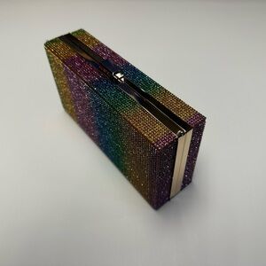 Rainbow Rhinestone Crystal Evening Clutch Box Bag w/ Chain